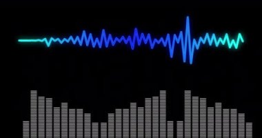 Müzik dengeleyicisinin dijital animasyonu ve siyah arkaplana karşı ses dalgaları. elektronik müzik ve teknoloji konsepti