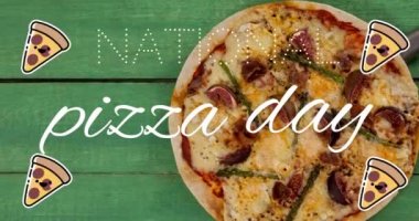 Pizza ikonlarının animasyonu ve taze pizza üzerine ulusal pizza günü metni. Ulusal pizza günü ve dijital olarak üretilen video konsepti.