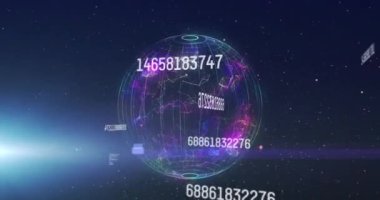 Veri işleme videosu ve karanlık arkaplan üzerinde küre. dijital arayüzler konsept ve bağlantılar konsepti dijital olarak oluşturulmuş video.