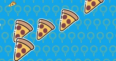 Mavi arka planda pizza ve daire simgelerinin animasyonu. Ulusal pizza günü ve dijital olarak üretilen video konsepti.