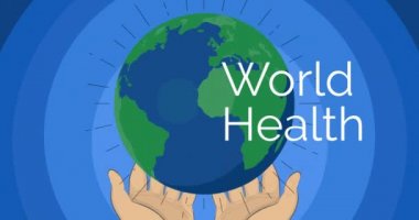 Dünya Sağlık Günü metninin mavi arka planda dünya çapında animasyonu. dünya sağlık günü konsepti dijital olarak oluşturulmuş video.