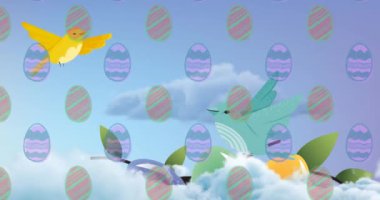 Gökyüzüne ve kuşa düşen renkli yumurtaların animasyonu. Paskalya mevsimsel kutlamaları ve dijital olarak üretilen video geleneği.