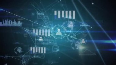 Mavi arkaplandaki ışık izlerine karşı profil simgeleri ve veri işleme ağı. küresel ağ ve teknoloji kavramı