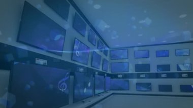 Birden fazla televizyon ekranında senkronize video oynatan bir elektronik mağazası. elektronik ve perakende ticaret teknolojisi kavramı