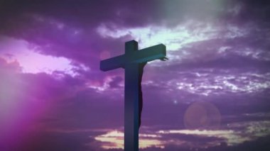 Haç ve manzara üzerinde parlayan ışıkların animasyonu. Kutsal Cumartesi, dijital ortamda oluşturulan kutlama konsepti.
