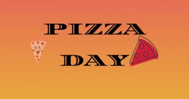 Pizza ikonlarının animasyonu ve turuncu arka planda pizza günü metni. Ulusal pizza günü ve dijital olarak üretilen video konsepti.
