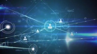 Mavi arkaplandaki ışık izlerine karşı profil simgeleri ve veri işleme ağı. küresel ağ ve teknoloji kavramı