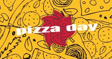 Sarı arka planda pizza günü mesajları ve pizza çizimleri. Ulusal pizza günü ve dijital olarak üretilen video konsepti.