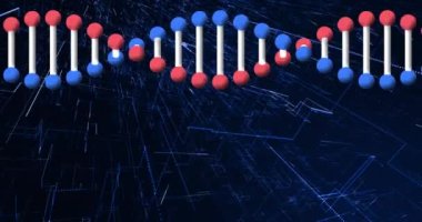 Mavi arka planda, üç boyutlu şehir yapısına karşı dönen DNA yapısının dijital animasyonu. tıbbi araştırma ve bilim teknolojisi kavramı