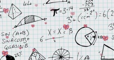 Okul defterindeki matematik denklemlerinin üzerine düşen kalplerin animasyonu. öğrenme ve matematik eğitim kavramı dijital olarak oluşturulmuş video.
