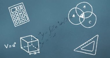 Mavi defterdeki matematik denklemleri üzerinde dünyanın animasyonu. öğrenme ve matematik eğitim kavramı dijital olarak oluşturulmuş video.