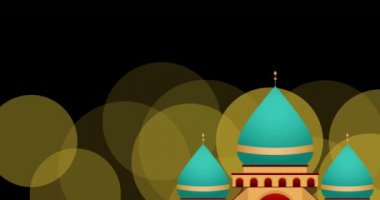Fenerlerin, ayların ve caminin üzerindeki ışıkların animasyonu. Ramazan ve kutlama konsepti dijital olarak oluşturulmuş video.