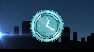Şehir manzarası üzerindeki ışık ve saatin videosu. dijital arayüzler konsept ve bağlantılar konsepti dijital olarak oluşturulmuş video.