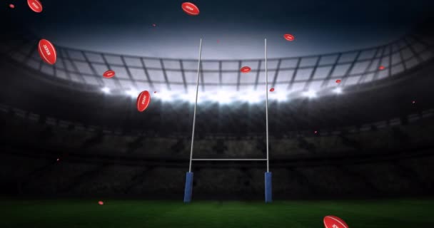 Stadyumda Japon Yazılı Kırmızı Rugby Topu Animasyonu Spor Yarışma Konsepti — Stok video