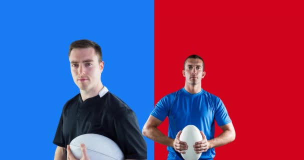 青と赤を背景にボールを持つ白人男性ラグビー選手のアニメーション スポーツと競争の概念をデジタルで生成し — ストック動画