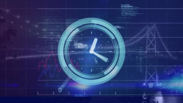 Reloj Digital Neón Marcaje Procesamiento Datos Estadísticos Contra Vista Del — Vídeo de stock