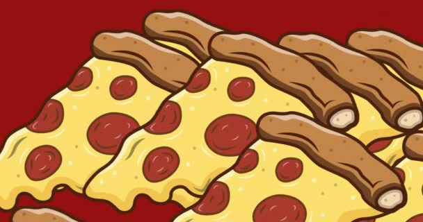 Анимация Нескольких Значков Пиццы Красном Фоне Национальный День Пиццы Концепция — стоковое видео