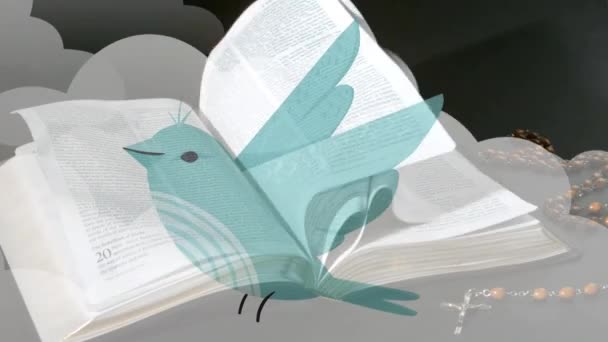 Animace Modrého Ptáka Přes Knihu Růženec Svatá Sobota Koncepce Oslav — Stock video