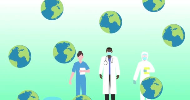 Vidéo Des Icônes Globe Tombant Sur Personnel Hospitalier Concept Journée — Video