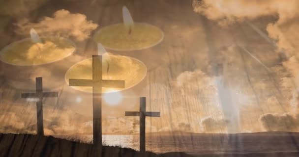 Video Black Crucifix Shapes Tea Lights Clouds Good Friday Celebration — Stock Video