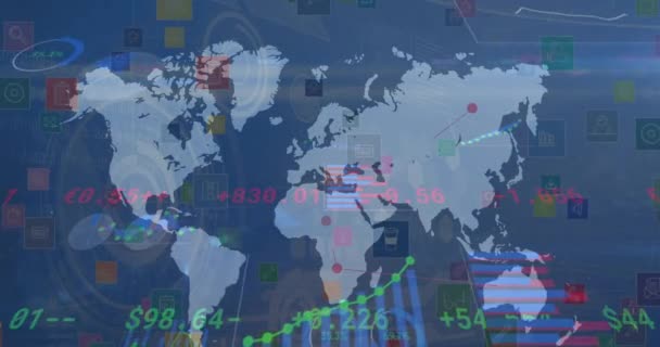 Animace Zpracování Dat Mapou Světa Přes Síť Spojení Ikonami Globální — Stock video