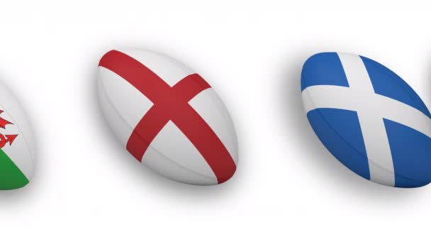 Анимация Регбийных Мячей Окрашенных Национальными Флагами Белом Фоне Спорт Концепция — стоковое видео