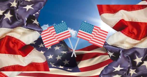 Анимация Американских Флагов Над Американским Флагом Облаками День Президента Концепция — стоковое видео