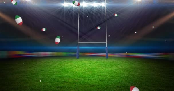 Animation Von Rugbybällen Mit Italienischer Flagge Stadion Sport Und Wettkampfkonzept — Stockvideo