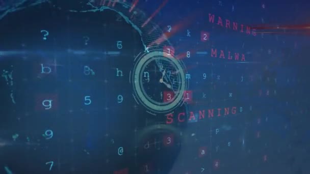 青色の背景を背景に世界中でデジタル時計のタイミングとサイバーセキュリティデータ処理 グローバルなネットワークとサイバーセキュリティ技術の概念 — ストック動画