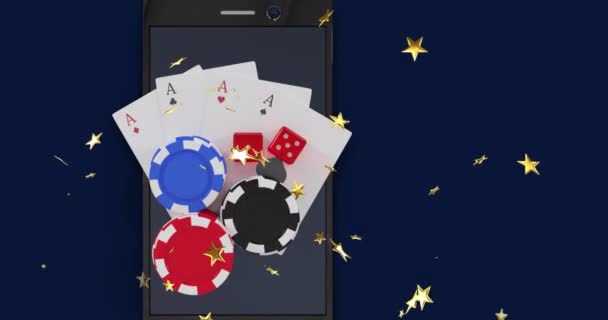 Animação Estrelas Douradas Caindo Sobre Fichas Casino Jogando Cartas Dois — Vídeo de Stock