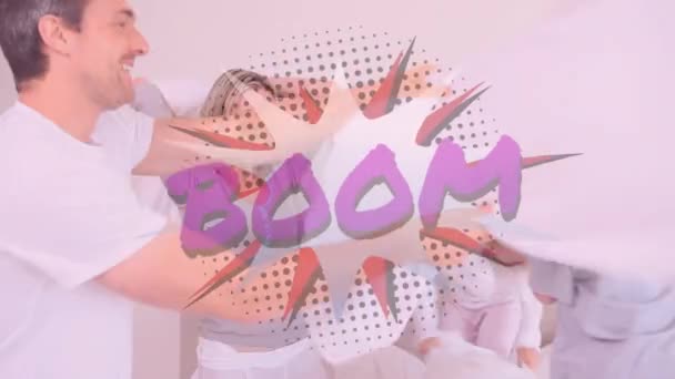 Animation Retro Boom Text Caucasian Parents Two Children Pillow Fighting — Stock Video