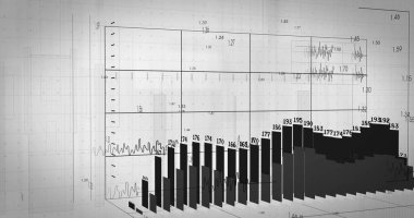 Beyaz zemin üzerinde sayılar ve veri işleme olan diyagramların resmi. küresel iş, finans, bağlantılar ve dijital arayüz konsepti dijital olarak oluşturulmuş görüntü.