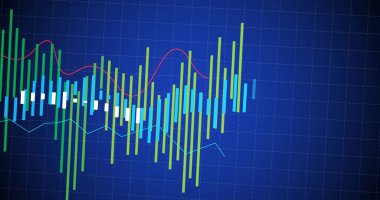 Mavi zemin üzerinde finansal veri işleme resmi. küresel iş, finans, bağlantılar ve dijital arayüz konsepti dijital olarak oluşturulmuş görüntü.