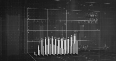 Siyah zemin üzerinde sayılar ve veri işleme olan diyagramların resmi. küresel iş, finans, bağlantılar ve dijital arayüz konsepti dijital olarak oluşturulmuş görüntü.