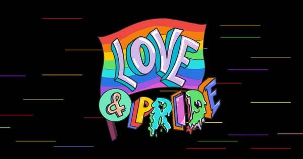 黒の背景に虹の縞の上の愛と誇りのテキストのイメージ Lgbtq誇りと平等のお祝いの概念デジタル生成された画像 — ストック写真