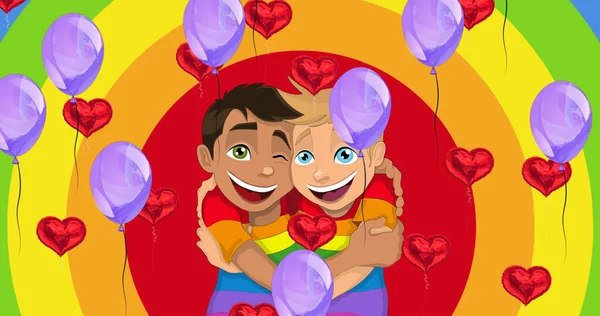 Kalplerin Üzerinde Balonlar Gökkuşağı Arka Planında Kucaklaşan Çocukların Görüntüsü Gurur — Stok fotoğraf