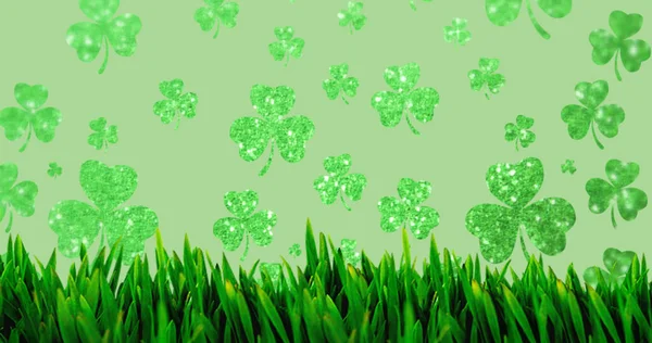 緑の背景にクローバーや草のイメージ 過去のパトリックの日とお祝いのコンセプトデジタルで生成された画像 — ストック写真