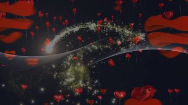 Siyah arka planda ışık ve kalp balonları animasyonu. Sevgi ve kutlama konsepti dijital olarak oluşturulmuş video.