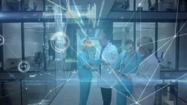 Hastanedeki çeşitli doktorlarla olan bağlantıların animasyonu. küresel tıp, sağlık ve teknoloji konsepti dijital olarak üretilen video.