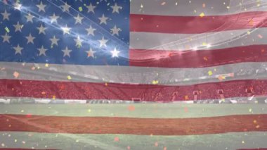 Spor stadyumunun üzerinde konfeti ve Amerikan bayrağı animasyonu. Vatanseverlik ve kutlama konsepti dijital olarak oluşturulmuş video.