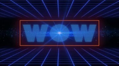 Vay be metninin animasyonu ışık yollarının ve siyah arkaplandaki noktaların üzerinde. Retro iletişim, metaevren ve video oyunu konsepti dijital olarak oluşturuldu.