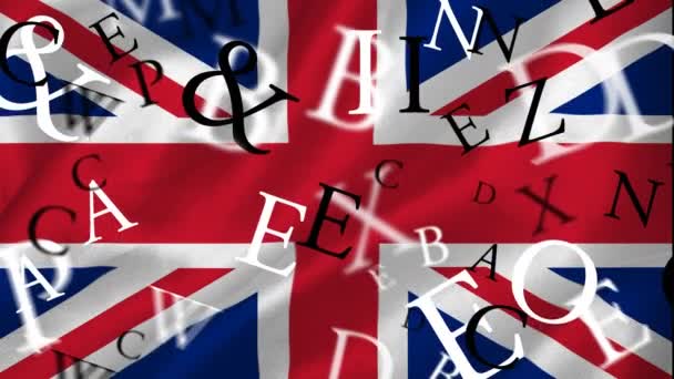 英国国旗の上を移動する文字のアニメーション 英語の日とお祝いの概念デジタルで生成されたビデオ — ストック動画