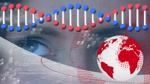 Animação Fita Dna Processamento Dados Globo Sobre Olhos Mulher Caucasiana — Vídeo de Stock