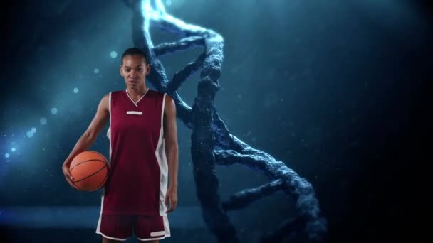 Animatie Van Rode Vlekken Dna Streng Afrikaanse Amerikaanse Vrouwelijke Basketbalspeler — Stockvideo