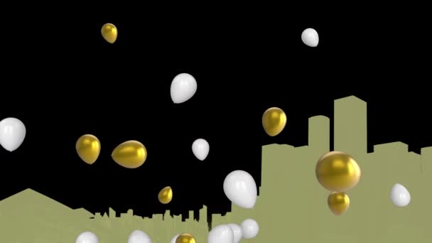 Animation Von Luftballons Und Stadtbild Auf Schwarzem Hintergrund Party Und — Stockvideo