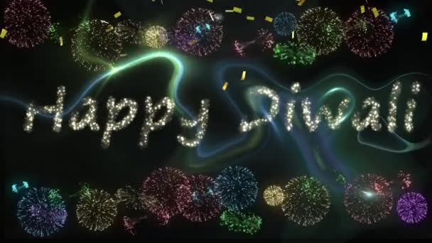 Animatie Van Blije Diwali Confetti Vuurwerk Zwarte Achtergrond Feest Feestconcept — Stockvideo