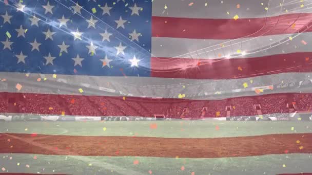 Animation Von Konfetti Und Amerikanischer Flagge Über Dem Sportstadion Patriotismus — Stockvideo