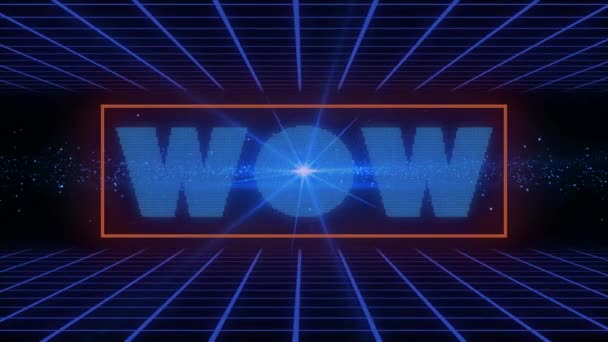 Animation Wow Text Light Trails Spots Black Background Retro Communication — Stock Video