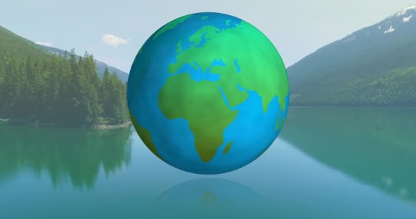 Animación Globo Giratorio Sobre Paisaje Las Montañas Día Tierra Concepto — Vídeos de Stock