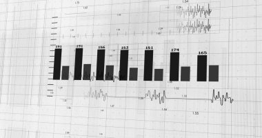 Beyaz arkaplan üzerinde rakamlar olan diyagramların resmi. küresel iş, finans, bağlantılar ve dijital arayüz konsepti dijital olarak oluşturulmuş görüntü.